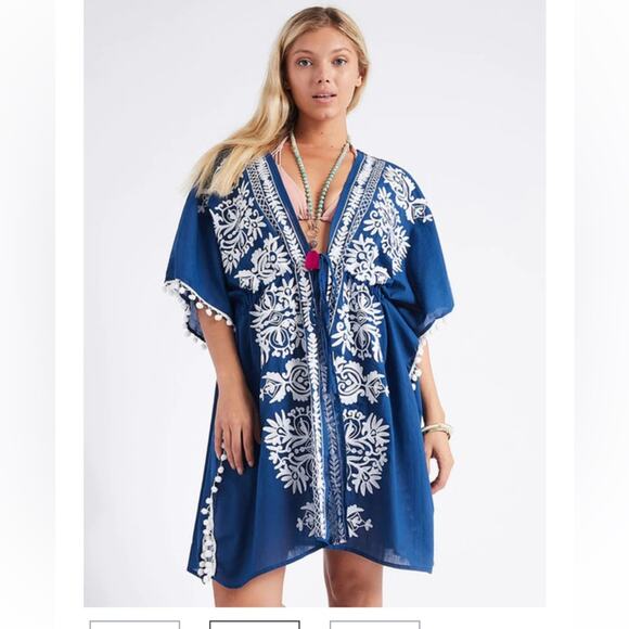 NEW Debbie Katz Malina Kimono Beach Swim Cover up Embroidered Navy Blue Large - Picture 2 of 5